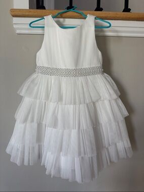 Girls White Tiered Tulle Party Dress with Beaded Waist